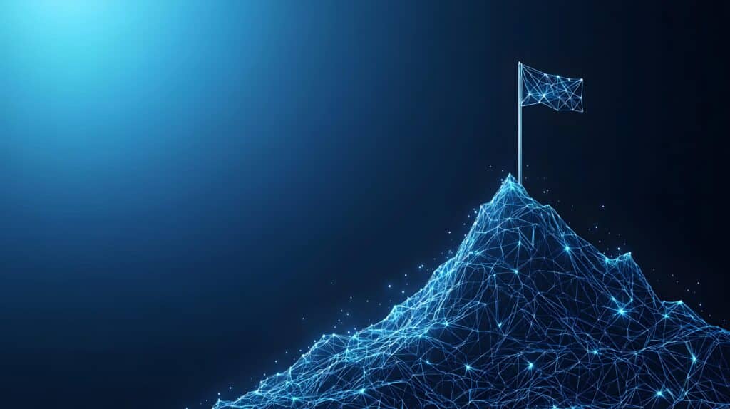 Futuristic mountain with flag at the top and blue lines | PMC Media Group