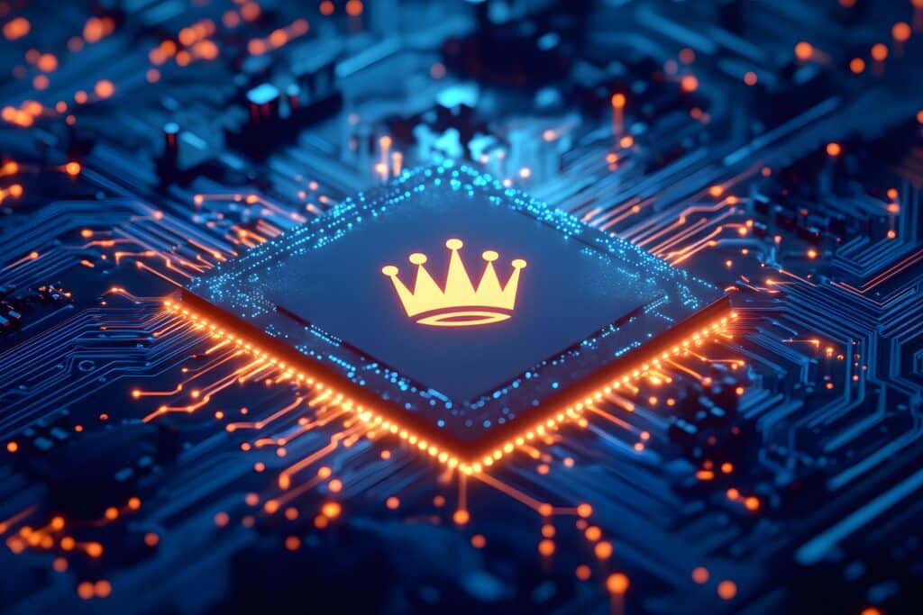 Computer Chip With Orange Lights streaming to it with a crown in the center | PMC media group